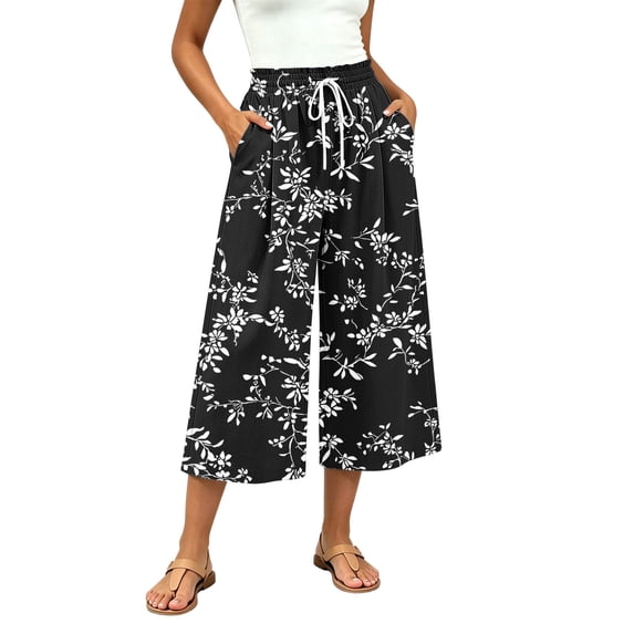 SwiftWear Women's Capri Pants Wide Leg Loose Casual Summer Beach Pants with Pockets Elastic Drawstring Waist Flowy Palazzo Trousers