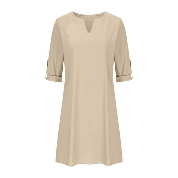 SwiftWear Women's Casual Cotton Linen Adjustable Long Sleeve V-Neck Dress S-2XL – Loose Fit Cut for Daily Wear​​