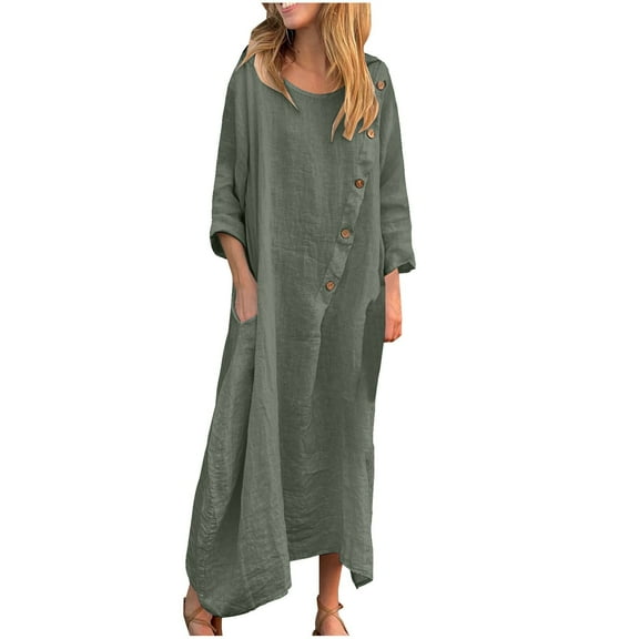 SwiftWear Women's Casual Long Sleeve Crew Neck Dress - Cotton-Linen Loose Fit Light Weight Flowy Comfy Maxi Dresses with Pockets​