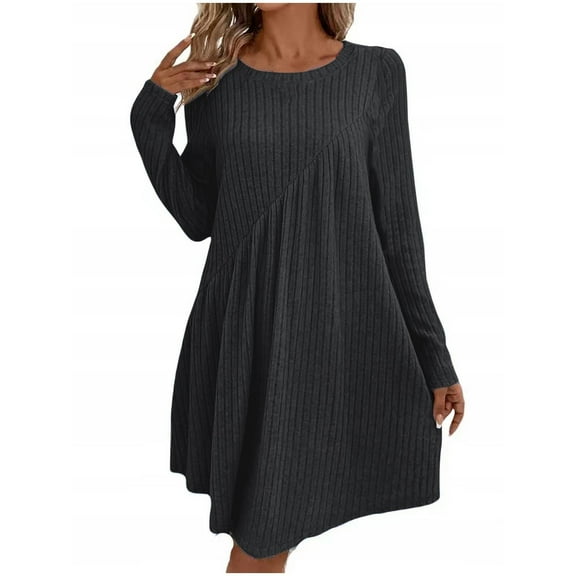 SwiftWear Women's Casual Long Sleeve Crew Neck Plus Size Dress - Ribbed Knit Pleated Tunic Dresses S-3XL, Fall Winter Comfy Outfit​