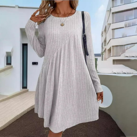 SwiftWear Women's Casual Long Sleeve Crew Neck Plus Size Dress - Ribbed Knit Pleated Tunic Dresses S-3XL, Fall Winter Comfy Outfit​