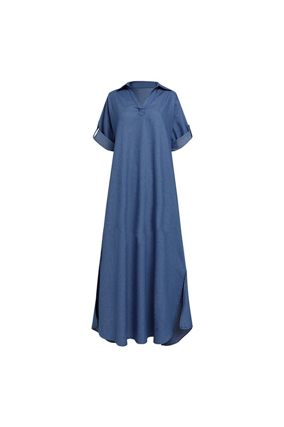 Women's Casual Loose-Fit V-Neck Long Denim Dress Classic Vintage Button Down Jean Shirt Dresses - M-3XL, Relaxed Style 