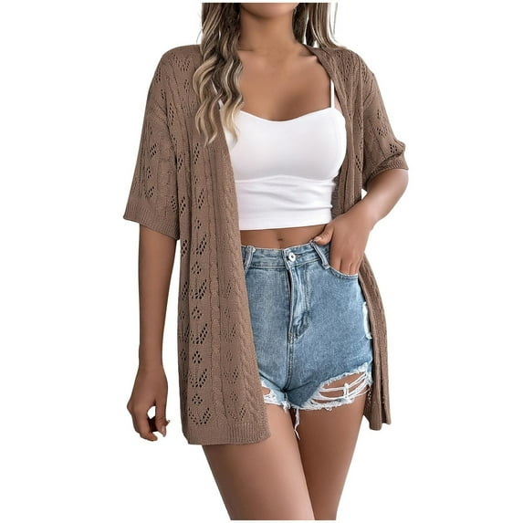 SwiftWear Women’s Casual Loose Solid Color Hollow-Out Short Sleeve Cardigan – Knit Tops Lightweight Summer Cardigan