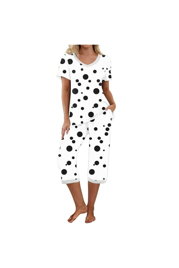 Women's Casual Pajamas Set V-neck Floral/Polka Dot Printed Blouse + 7Inch Mid-Calf Capris with Pockets - Lightweight Summer Comfort Sleepwear