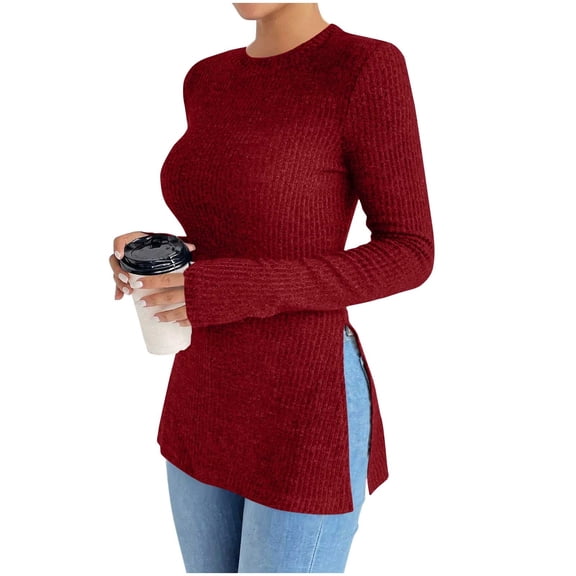 SwiftWear Women's Casual Top Long Sleeve Crew Neck Knit Blouse with Side Slit, Soft Warm Tops Fall Winter Basic Shirt​​ Red