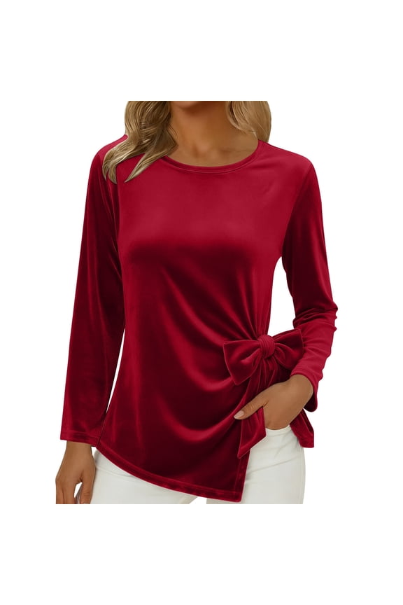 Women's Casual Velvet Blouse with Bow Tie, Long Sleeve Crew Neck Tunic​ Tops Soft Stretchy Shirt Asymmetrical Side Slit Everyday Wear​ Red
