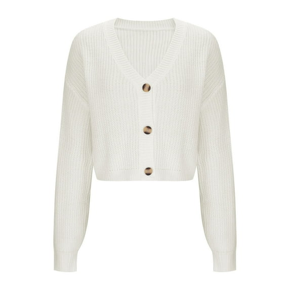SwiftWear Women's Casual White Long Sleeve V-Neck Cropped Cardigan - Soft Cozy Knit Tops Relaxed Fit Tops Perfect for Layering & Casual Outfits