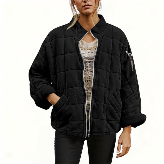 SwiftWear Women's Causal Lightweight Quilted Puffer Jackets Oversized Warm Zip Up Coat with Pockets, Black