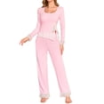 thumbnail image 1 of SwiftWear Women’s Chic Lace & Bell Long Sleeve Lounge Sets – Long Sleeve Top & Pants with Elegant Trim, Soft Blend Pajamas Set 2 Piece for Women, 1 of 9