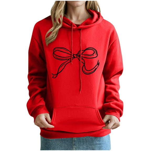 SwiftWear Women's Christmas Bow Print Hooded Sweatshirt - Festive Hoodie Pullover with Drop Shoulder Design, Soft Loungewear with Front Pockets Red