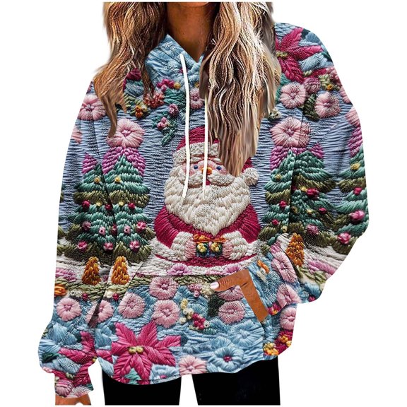 SwiftWear Women's Christmas Santa Print Fluffy Hoodie - Festive Plush Lined Pullover with Front Pockets, Cozy Holiday Loungewear Pink