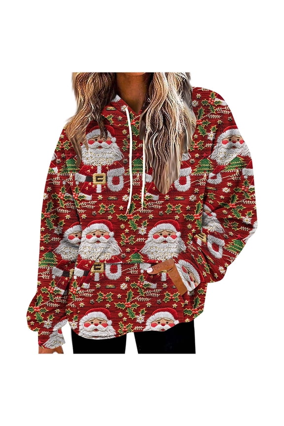 Women's Christmas Santa Print Fluffy Hoodie - Festive Plush Lined Pullover with Front Pockets, Cozy Holiday Loungewear Red