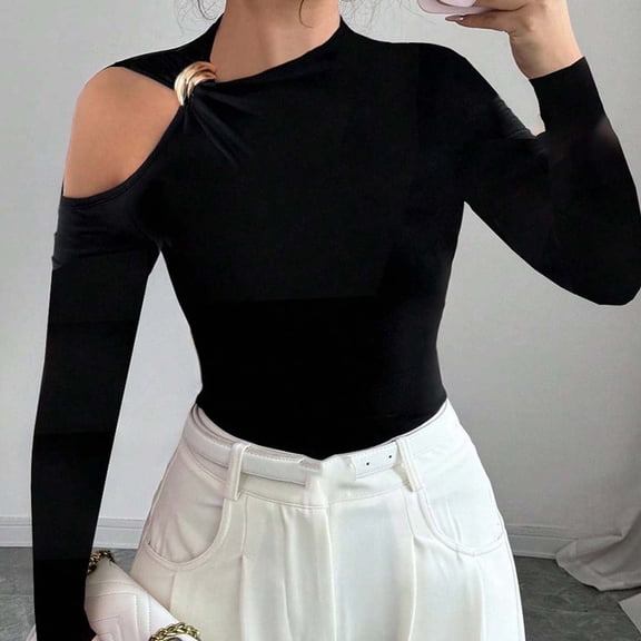SwiftWear Women's Cold One Shoulder Blouse Long Sleeve Asymmetric Neck Slim Fit Top with Metallic Decor, Fall Winter Dressy Tops & Party Office Wear​​ Black