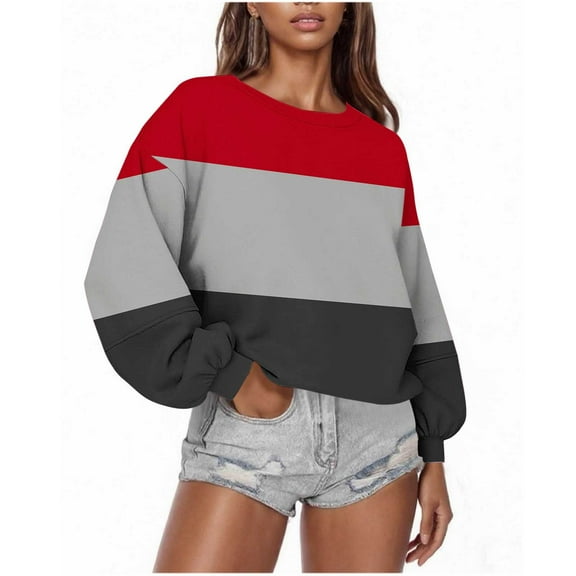 SwiftWear Women's Color Block Striped Sweatshirt Horizontal Pattern, Loose Fit Oversize Crewneck Pullover Tops for Casual Wear Red