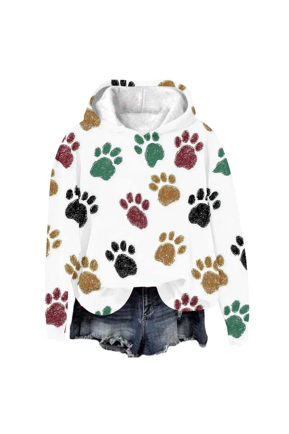 Women's Colorful Paw Print cute Hoodie Trendy Animal Themed Pullover Sweatshirt with Drawstring Hood, Soft Breathable Streetwear Top Brown