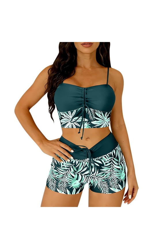 Women's Contrast Print Bikini Set High-Waisted & Drawstring Full Coverage Two-Piece Swimsuit Spaghetti Strap Cami Top and Shorts