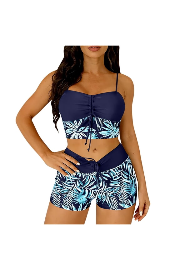 Women's Contrast Print Bikini Set High-Waisted & Drawstring Full Coverage Two-Piece Swimsuit Spaghetti Strap Cami Top and Shorts