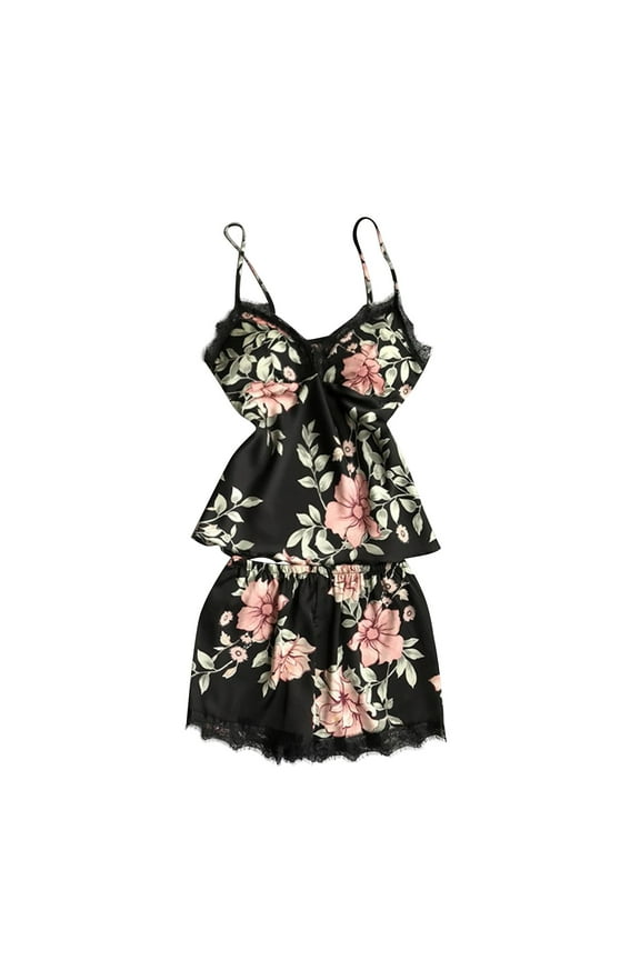 Women's Cooling Summer Satin Pajamas Nightwear - Floral Camisole & Shorts Set with Lace Trim , Comfortable & Stylish Sleepwear Anniversary Gifts