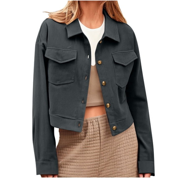 SwiftWear Women's Corduroy Cotton Button Down Shirt Jacket Casual Crop Coat Relaxed Fit Fall Spring Outerwear Tops, Dark Gray