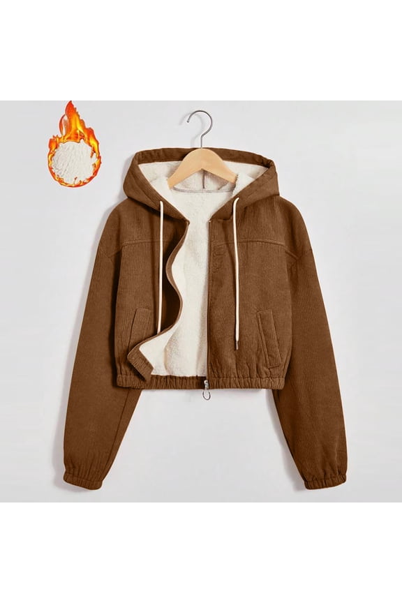 Women's Corduroy Jacket Sherpa Lined Hooded Coat Warm Zip Up Fleece Outerwear, Brown