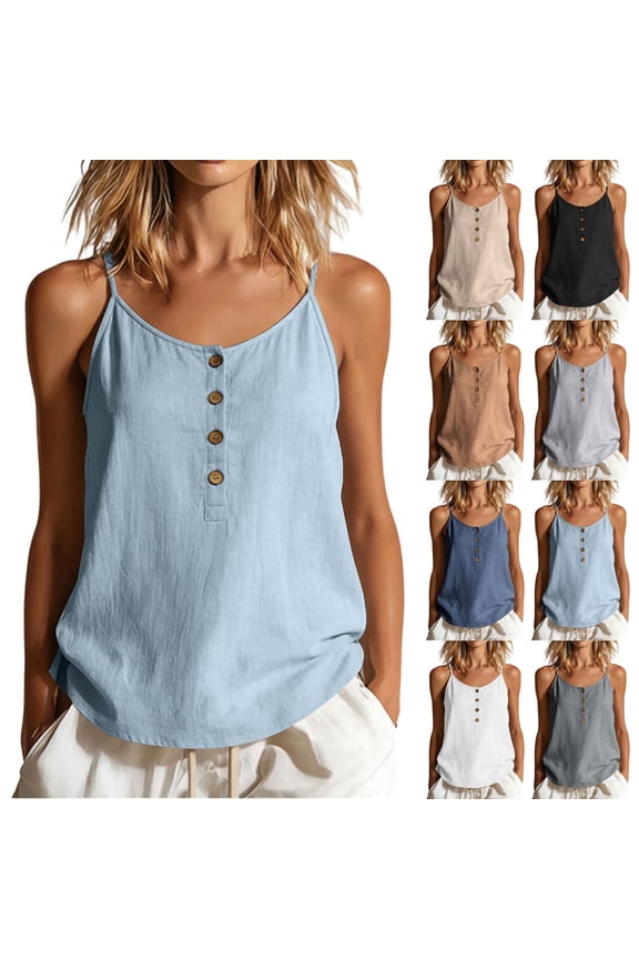 Women's Cotton Camisole Adjustable Spaghetti Straps Tank Tops Button Front Loose Fit Summer Basic Top for Daily Casual Wear