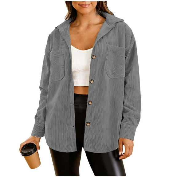 SwiftWear Women's Cotton Corduroy Shacket Collared Oversized Casual Button Down Shirt Jacket ​​, Gray