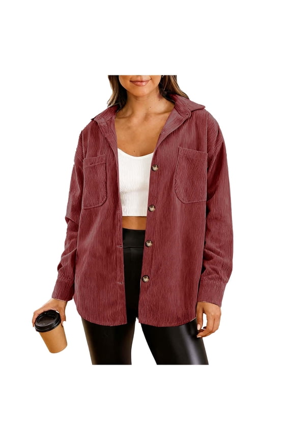 Women's Cotton Corduroy Shacket Collared Oversized Casual Button Down Shirt Jacket , Wine