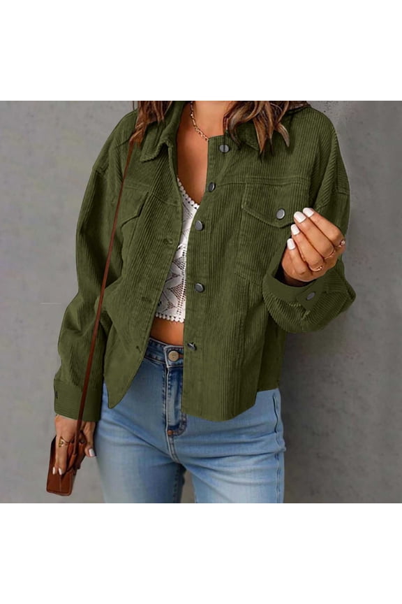 Women's Cotton Cropped Corduroy Shirt Jacket Causal Dressy Button Down Long Sleeve Shacket, Army Green