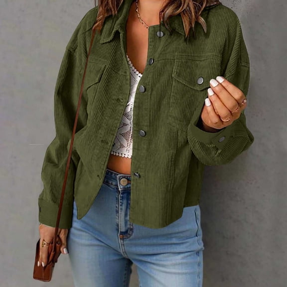 SwiftWear Women's Cotton Cropped Corduroy Shirt Jacket Causal Dressy Button Down Long Sleeve Shacket, Army Green