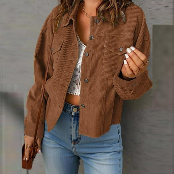 SwiftWear Women's Cotton Cropped Corduroy Shirt Jacket Causal Dressy Button Down Long Sleeve Shacket​​, Coffee