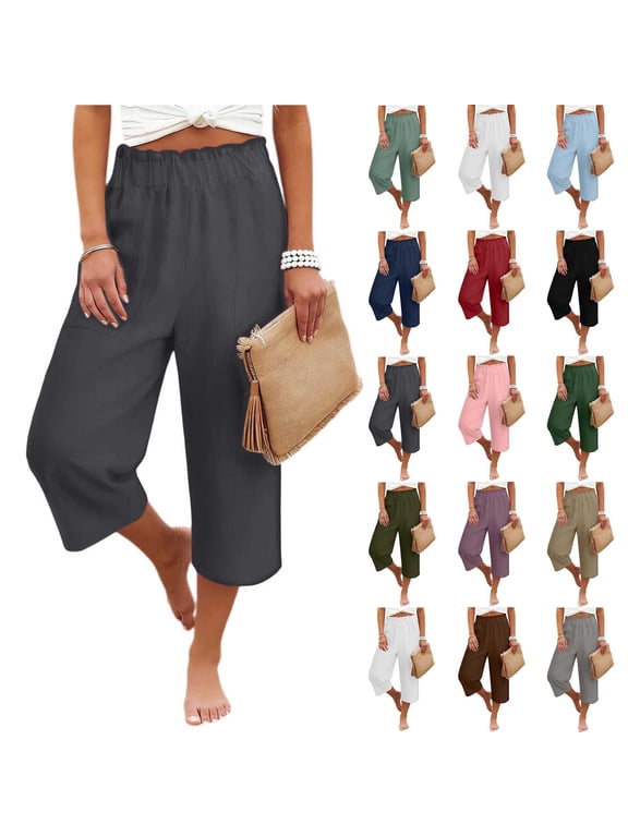 Women's Cotton Linen Capri Pants High Waisted Loose Fit Wide Leg Pants with Pockets Elastic Waist Summer Casual Trousers
