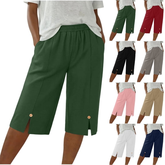 SwiftWear Women's Cotton Linen Capri Pants Side Slit Button Detail Pockets Elastic Waist Casual Cropped Trousers for Summer Beach Vacation