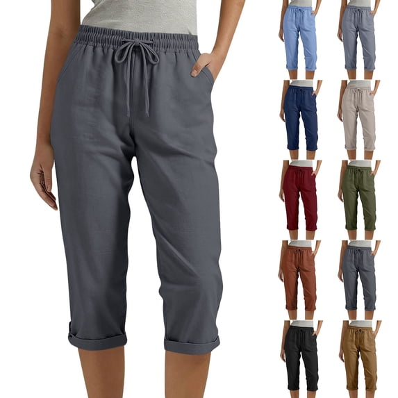 SwiftWear Women's Cotton Linen Capris Drawstring Elastic Waist Cropped Pants with Pockets Casual Breathable Spring Summer Trousers