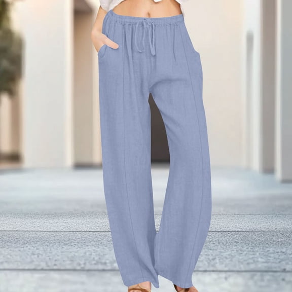 SwiftWear Women's Cotton Linen Drawstring Pants with Pockets, Plus Size High-Waisted Lounge Trousers Breathable Relaxed Fit Work Casual Wear Pants S-3XL