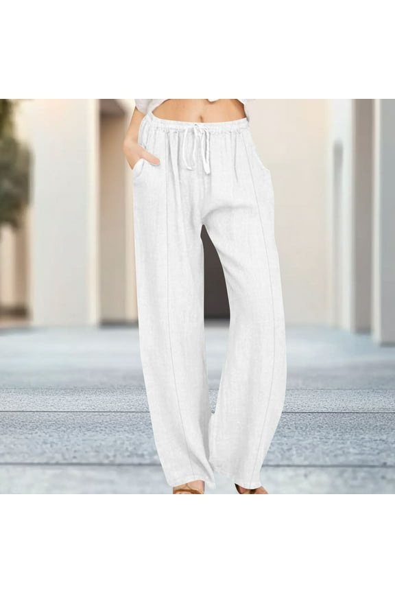 Women's Cotton Linen Drawstring Pants with Pockets, Plus Size High-Waisted Lounge Trousers Breathable Relaxed Fit Work Casual Wear Pants S-3XL