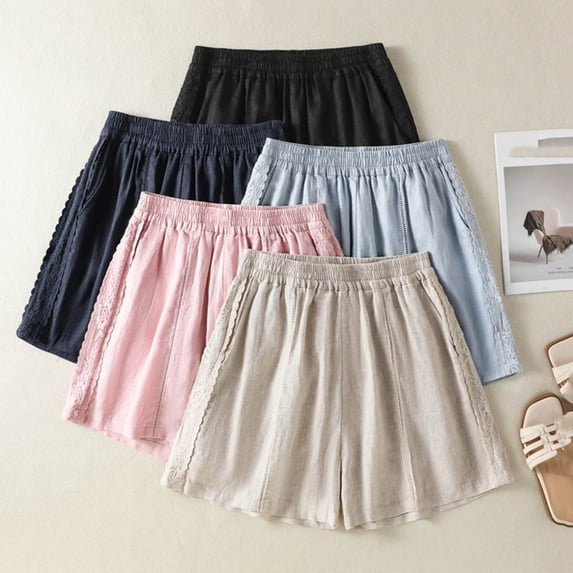SwiftWear Women's Cotton Linen Shorts High Waisted Elastic Waist Lace Trim Shorts Casual Loose Fit Shorts with Pockets for Summer Beach Vacation Daily Wea