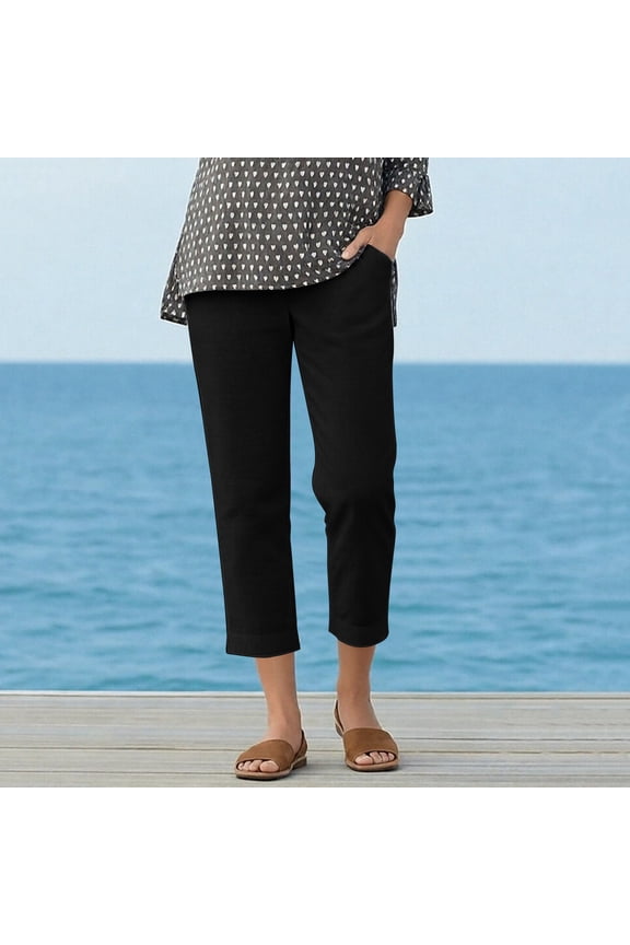 Women's Cotton Linen Straight Leg Pants Elastic Waist Casual Ankle Cropped Trousers with Pockets Stretch Pull On Comfy Pants