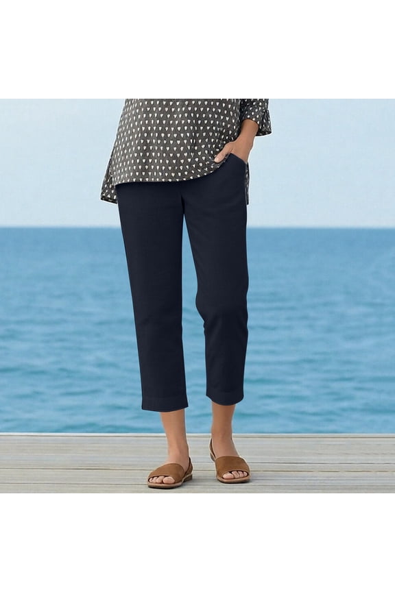 Women's Cotton Linen Straight Leg Pants Elastic Waist Casual Ankle Cropped Trousers with Pockets Stretch Pull On Comfy Pants