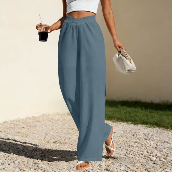 SwiftWear Women's Cotton Linen Wide Leg Pants with Pockets, Elastic Waist Crossover Casual Trousers Summer Loose Fit Pants