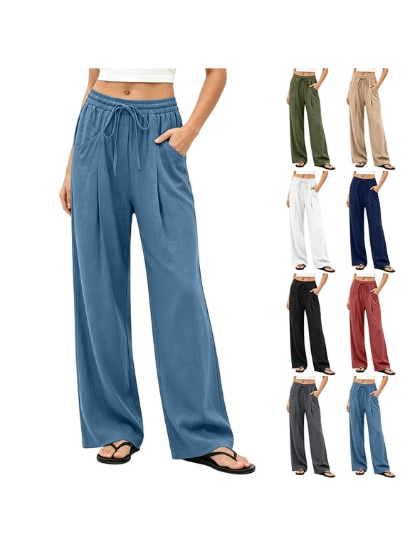 Women's Cotton Wide Leg Pants Elastic Waistband Drawstring Lounge Pants with Pockets Relaxed Fit Casual Trousers Soft Knit Long Pants, Red