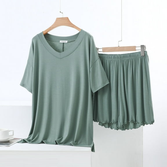 SwiftWear Women’s Cozy Modal Cotton Cooling Pajama Set - V-Neck Loose T-Shirt & Wide Leg Shorts for Sleep & Lounging (Multiple Colors)