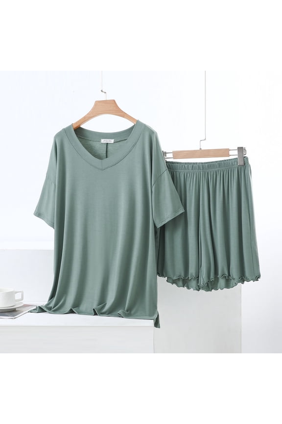 Women’s Cozy Modal Cotton Cooling Pajama Set - V-Neck Loose T-Shirt & Wide Leg Shorts for Sleep & Lounging (Multiple Colors)