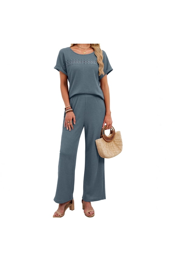 Women's Crew Neck Pajama Set Comfy Two Piece Matching Lounge Set Soft Sleepwear Short Sleeve Top & Wide Leg Pants, Blue
