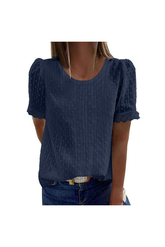 Women’s Crew Neck Short Sleeve Blouse with Lace Trim – Fluffy Bubble Sleeve Tops Casual Shirts for Women S-2XL