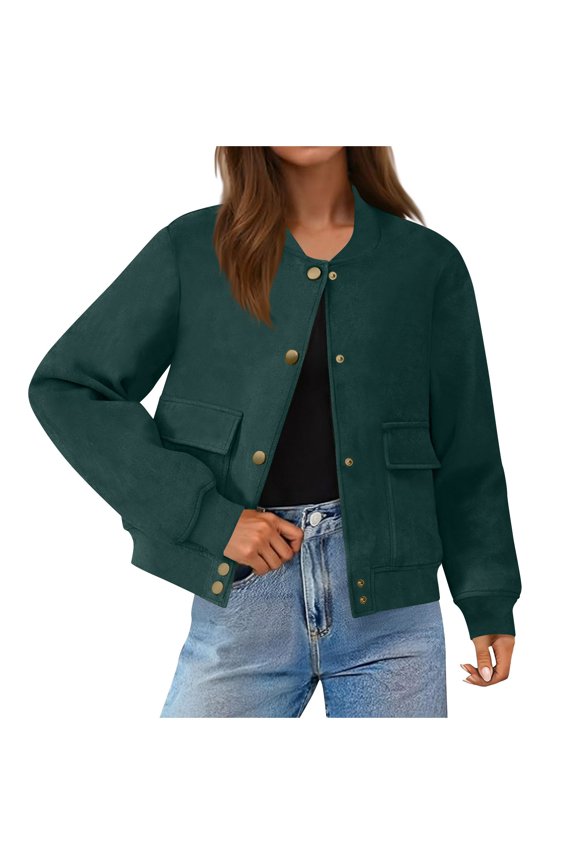 Women's Cropped Faux Suede Bomber Jacket Stand Collar Casual Short Moto Style Coat​ Lightweight Trendy​, Army Green