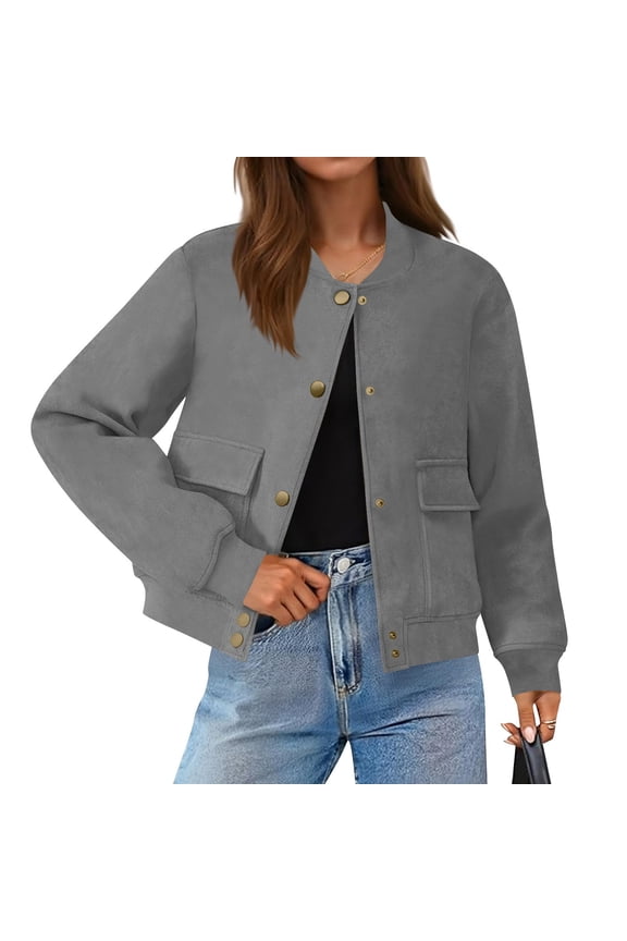 Women's Cropped Faux Suede Bomber Jacket Stand Collar Casual Short Moto Style Coat​ Lightweight Trendy​, Gray