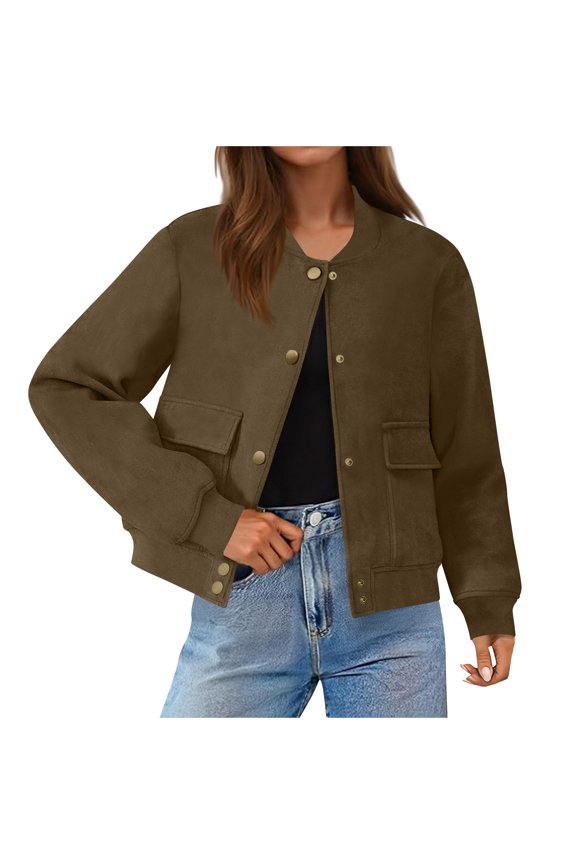 Women's Cropped Faux Suede Bomber Jacket Stand Collar Casual Short Moto Style Coat​ Lightweight Trendy​, Green