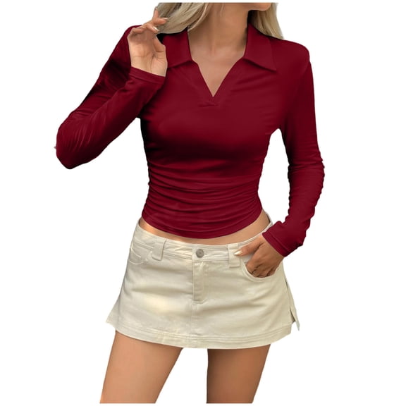 SwiftWear Women's Cropped Ribbed Knit Top V-Neck & Collar Long Sleeve Shirt Slim Fit Casual Streetwear Blouse for Spring Fall Trendy​ Wine
