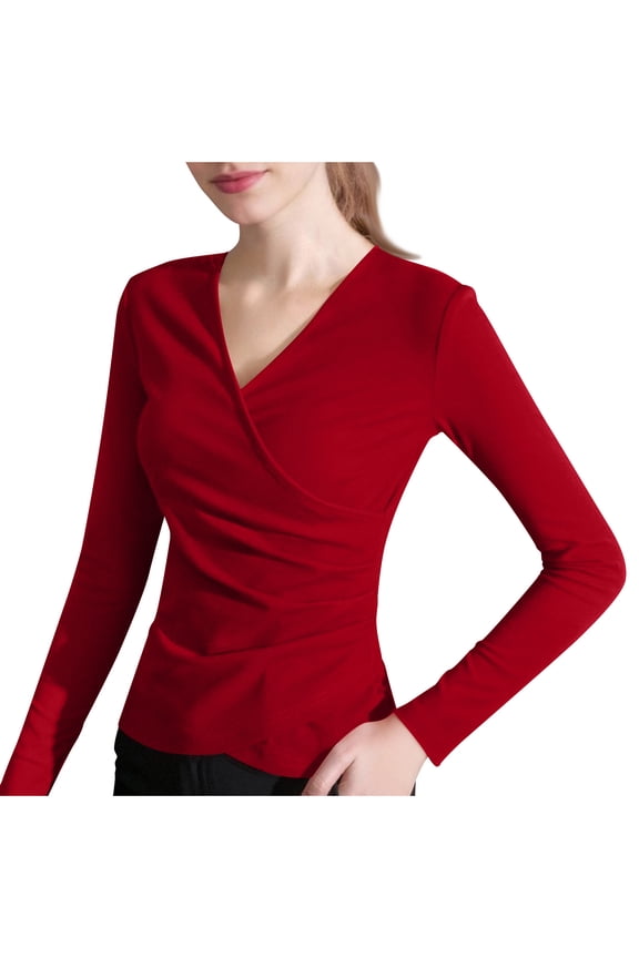 Women's Cross V-Neck Long Sleeve T-Shirt Slim Fit Ribbed Knit Top with Waist-Defining Contour, Casual Stretch Base Layer, Red