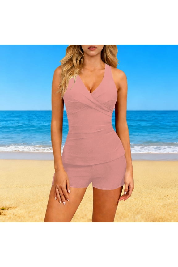 Women's Crossback Tankini Swimsuits Set with Pocket Shorts Padded Sports Top, Modest Swimwear for Beach